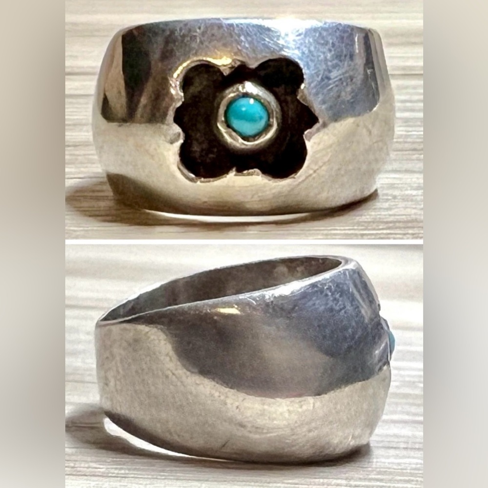Vintage F. Ramone Sterling Silver Shadow Box Turquoise Ring, Size 6, 5.5g